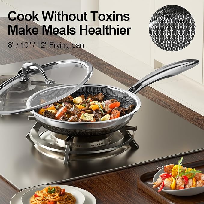 Fogdream 8"10"12" Stainless Steel Pan, Non Stick Frying Skillet with Lid, Tri-Ply Stainless Steel for All Cooktops, Dishwasher and Oven-Safe Cooking Pan, Stay-Cool Handle, Silver