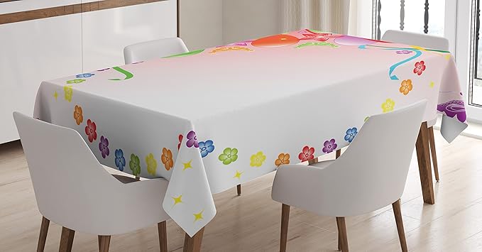 Ambesonne Celebration Tablecloth, Party Balloons with Bunch of Ornaments Ribbon Butterfly Flowers Birthday Image, Rectangular Table Cover for Dining Room Kitchen Decor, 60" X 84", Coral Green