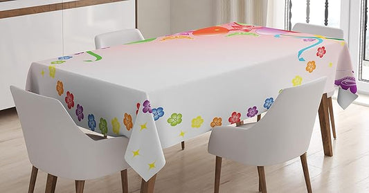 Ambesonne Celebration Tablecloth, Party Balloons with Bunch of Ornaments Ribbon Butterfly Flowers Birthday Image, Rectangular Table Cover for Dining Room Kitchen Decor, 52" X 70", Coral Green