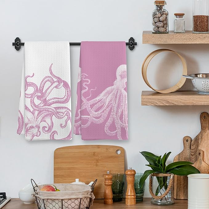 Coastal Pink Octopus Beach Decor Dish Hand Tea Towels for Bathroom Kitchen, Girly Preppy Octopus Ocean Nautical Beachy Bathroom Decor, Coastal Kitchen Towels and Dishcloths Sets of 2, 16x24In