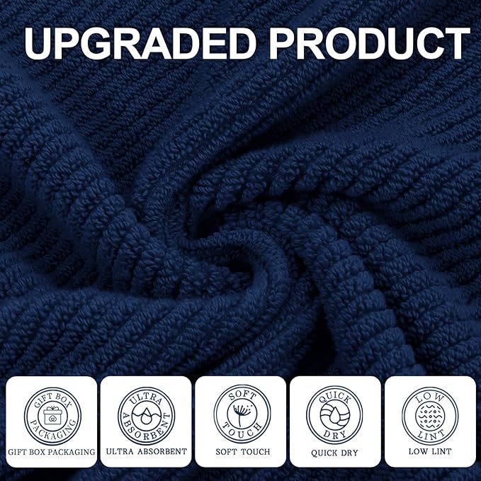 Blue Towels Set for Bathroom, Luxury 3 Piece Gift set, 100% Cotton | Quick Dry | Soft | Thick, 1 Large Bath 30" x 56", 1 Hand 18" x 28", 1 Wash Cloth 13" x 13", Bathroom Essentials, Navy