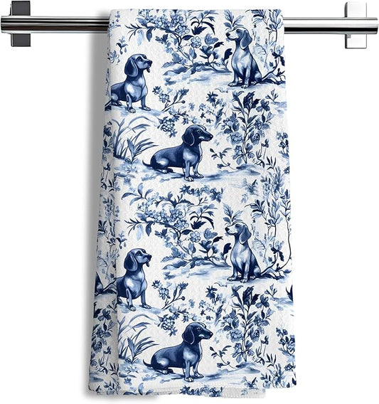 Chinoiserie Dachshund Kitchen Towels, Dachshund Gifts Decorative Dish Tea Towels, Blue and White Floral Botanical Grandmillennial Weiner Dog Hand Towels for Kitchen Bathroom, 16x24 Inch
