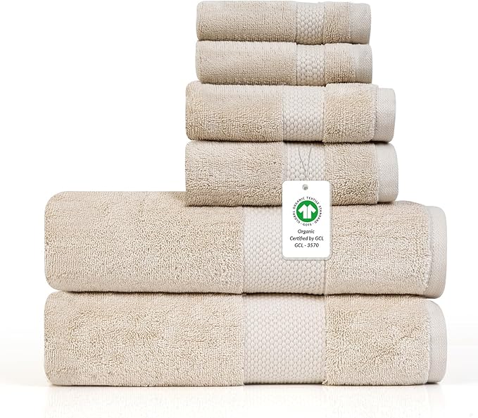 Farm to Home 100% Organic Christmas Bath Towel Set of 6 – GOTS & Oeko-TEX Certified Organic Cotton, Soft, Ultra Absorbent, Quick Dry - Includes 2 Bath Towels, 2 Hand Towels, 2 Washcloths - Sand