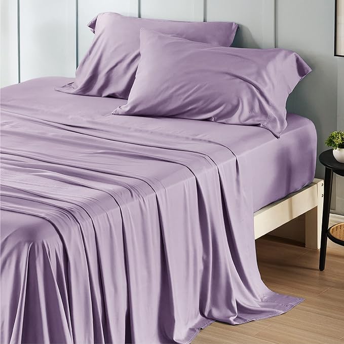 Bedsure California King Sheet Sets, Cooling Sheets for Hot Sleepers, Rayon Derived from Bamboo, Breathable & Soft, Deep Pocket Up to 16 Inches, Hotel Luxury Silky Bedding, Lilac
