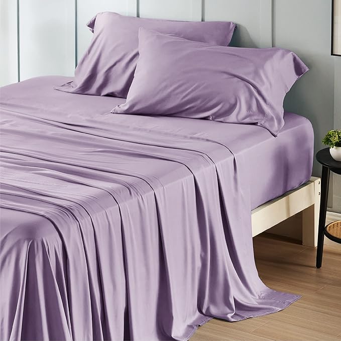 Bedsure Full Size Bed Sheets, Cooling Sheets, Rayon Derived from Bamboo, Breathable & Soft, Deep Pocket Up to 16 Inches, Hotel Luxury Silky Bedding for Hot Sleepers, Lilac