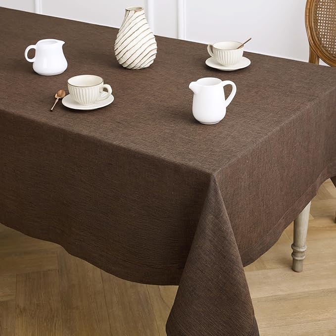 Solino Home Linen Tablecloth 60 x 90 Inch - 100% Pure Linen Chambray Brown Table Cloth for Rectangular Tables - Athena, Machine Washable Cloth Tablecloth