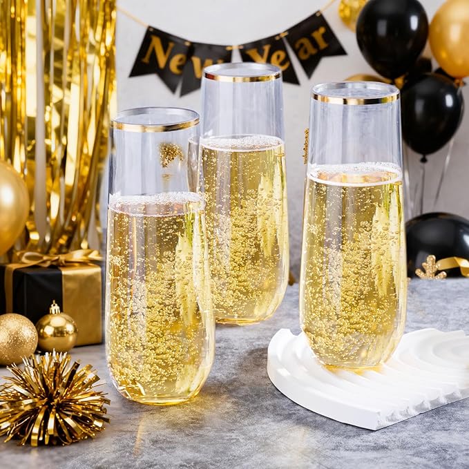 Ciaell 24 Pack Gold Plastic Champagne Flutes - 9 Oz Disposable Champagne Glasses - Stemless Mimosa Glass for Parties & Weddings & Birthdays & Christmas