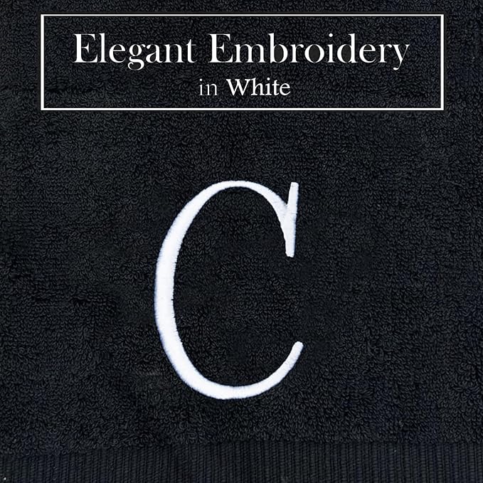 Black Initial Hand Towel for Bathroom - Monogrammed Luxury Hotel Quality Decorative Embroidered Towel for Powder Room, Spa - GOTS Organic Certified - Pack of 2 - Letter C