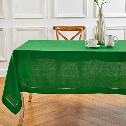 Solino Home Garden Green Linen Tablecloth 60 x 120 Inch - 100% Pure Linen Hemstitch Table Cloth for Rectangle Tables - Classic Hemstitch, Machine Washable Tablecloth for Winter, New Year