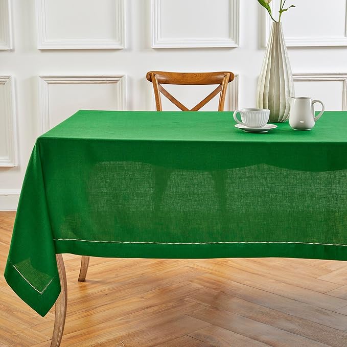 Solino Home Garden Green Linen Tablecloth 60 x 108 Inch - 100% Pure Linen Hemstitch Table Cloth for Rectangle Tables - Classic Hemstitch, Machine Washable Tablecloth for Winter, New Year