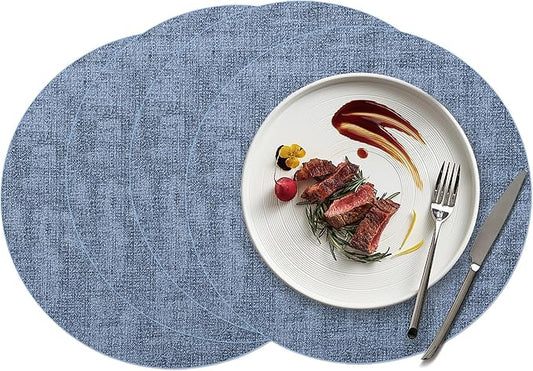 15 inch Faux Leather Round Placemats Set of 4 Non-Slip Washable Wipeable Table Mats, Heat Resistant Waterproof Oilproof Place Mats for Kitchen, Dining, Party, Indoor, Outdoor Blue