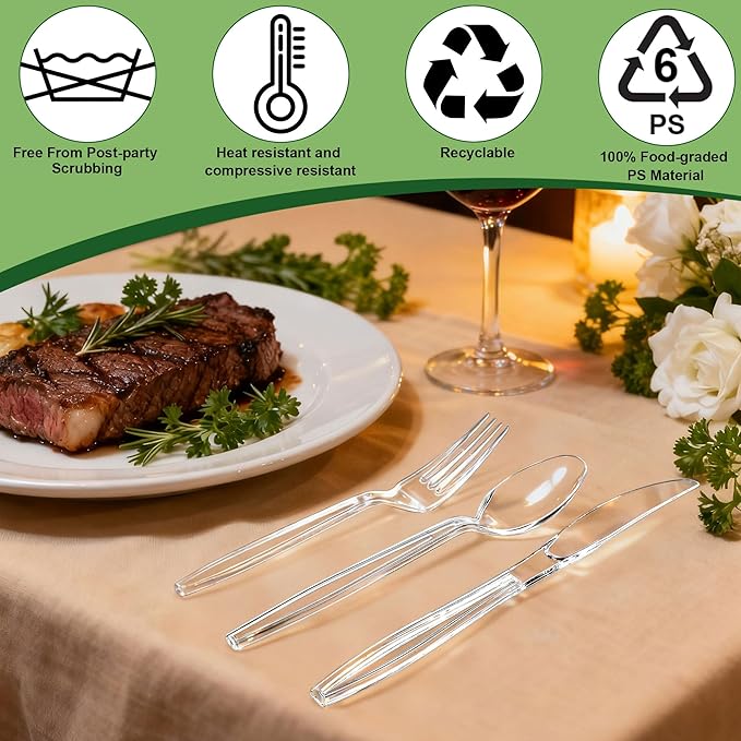 Zcaukya 300 Count Clear Plastic Silverware Set, 100 Forks, 100 Spoons, 100 Knives, Heavy Duty Disposable Cutlery Set Utensils Bulk for Parties, Events, Catering, Everyday Use