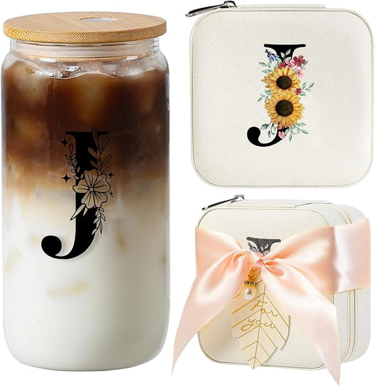 AYGXU christmas gifts for women,Initial Glass Cup,Initial Travel Jewelry Case,Small Jewelry Box Organizer, Mothers Day gifts,graduationg gifts,bridesmaid proposal gifts,Initial J white