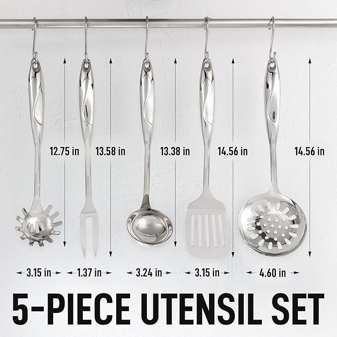 Zulay Kitchen Stainless Steel Cooking Utensil - Stainless Steel Kitchen Utensil - Durable Kitchen Gadgets - Metal Kitchen Accessories - Easy to Clean Kitchen Tools - 5 Piece Set