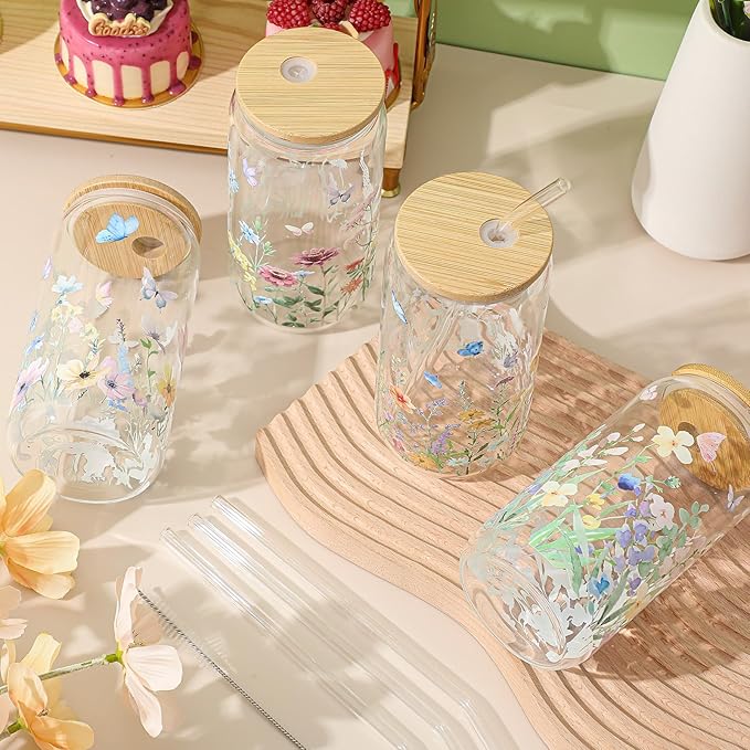 Mumufy 4 Pcs Gift for Women Wild Flower Glass Cup Tumbler Butterfly Iced Coffee Mugs 16 oz Glass with Bamboo Lid & Straw, Christmas Mothers Day Birthday Gift for Mom Sister Bridesmaid Baby Shower