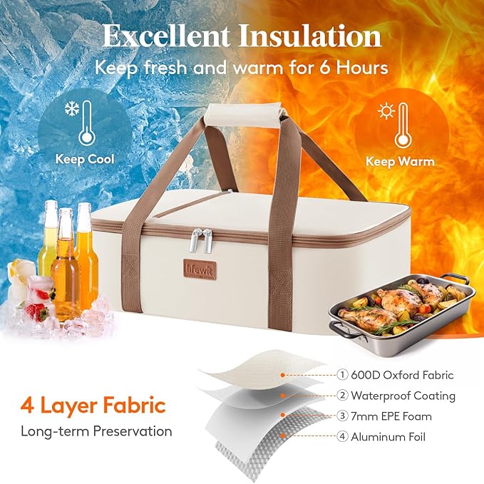 Lifewit Insulated Casserole Carrier for Hot or Cold Food, Casserole Dish with Lid and Carrying Case, Lasagna Holder for Potluck Parties/Picnic/Cookouts, Fits 9"x13" Baking Dish, Beige