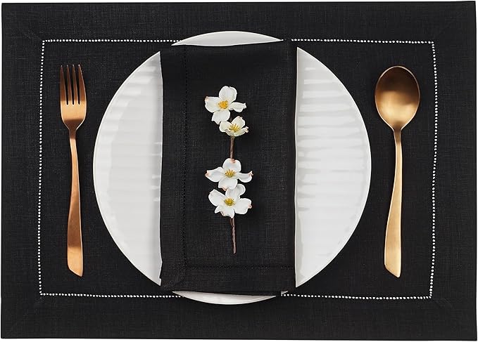 D'Moksha Homes Linen Placemats Set of 4 - Classic Hemstitch Black Placemats 14 x 19 Inch - 100% Pure Linen Table Mats for Winter, Holiday, New Year - Handcrafted and Machine Washable