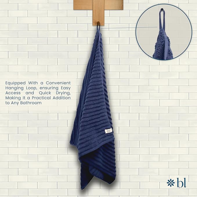 Blue Loom Ribbed Hand 2 Towels Set, 100% Cotton 600GSM, Soft Absorbent Durable Quick Drying for Bathroom - Mason 2 Piece 18" x 30" - Navy