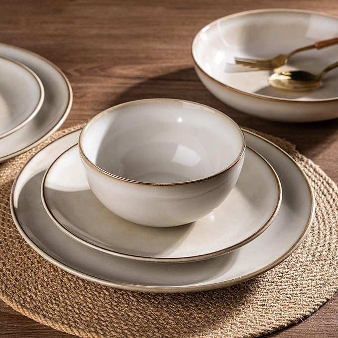 AmorArc Stoneware Dinnerware Sets for 6, 18 Pieces Handpainted Ceramic Plates and Bowls Set, Scratch Resistant Dishes Set, Dishwasher & Microwave Safe, Cappuccino