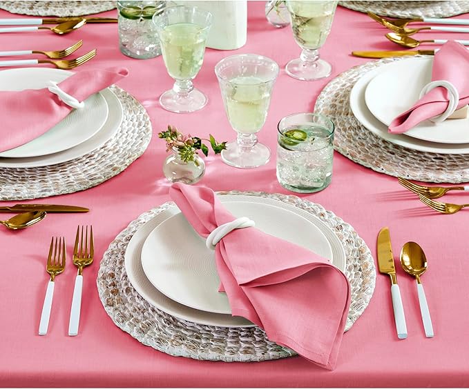 Solino Home Linen Tablecloth 52 x 52 Inch - 100% Pure Linen Pink Carnation Square Tablecloth - Fete, Machine Washable Table Throw for Valentines