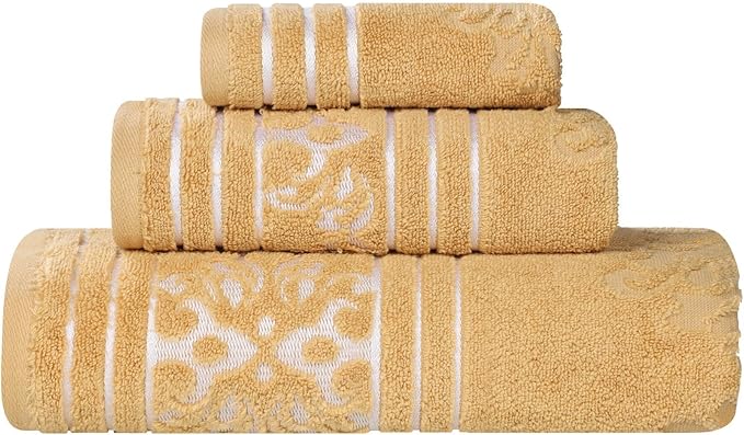 Superior Cotton 3 Piece Towel Set, Includes 1 Bath, 1 Hand, 1 Washcloth/Face Towel, Quick Dry, Home Essentials, Shower, Spa, Luxury Plush Soft Absorbent Towels, Zero Twist, Jacquard Floral, Gold