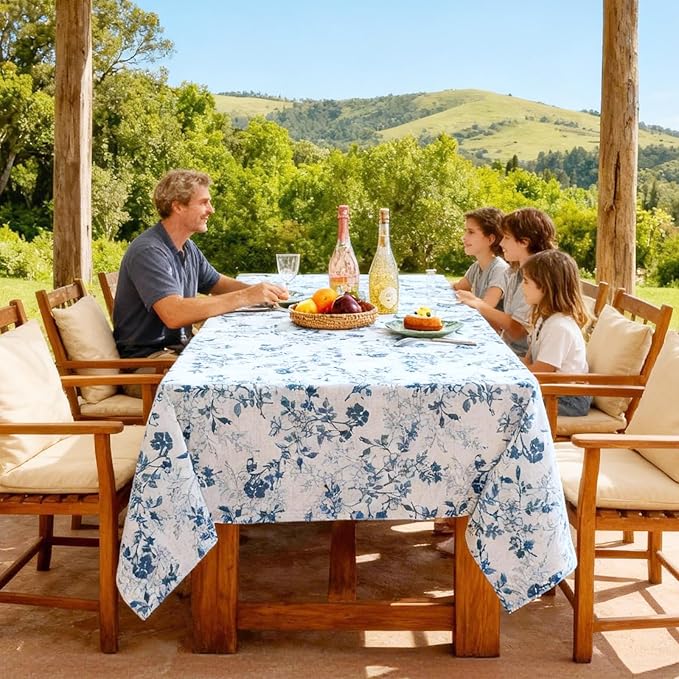H.VERSAILTEX Linen Table Cloths Floral Printed Tablecloth Spill-Proof Waterproof Table Cover for Dining Buffet Feature Soft and Thick Fabric Wrinkle Free, 60 x 60 Inch, Retro Floral - Stone Blue