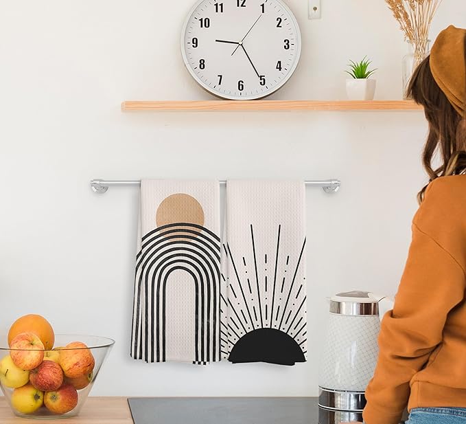 Boho Black Sun Sunrise Sunshine Rainbow Kitchen Towels and Dishcloths Sets of 2,Bohemian Absorbent Drying Cloth Hand Towels Tea Towels for Bathroom Kitchen,Boho Gifts for Women Girls,16×24 inches