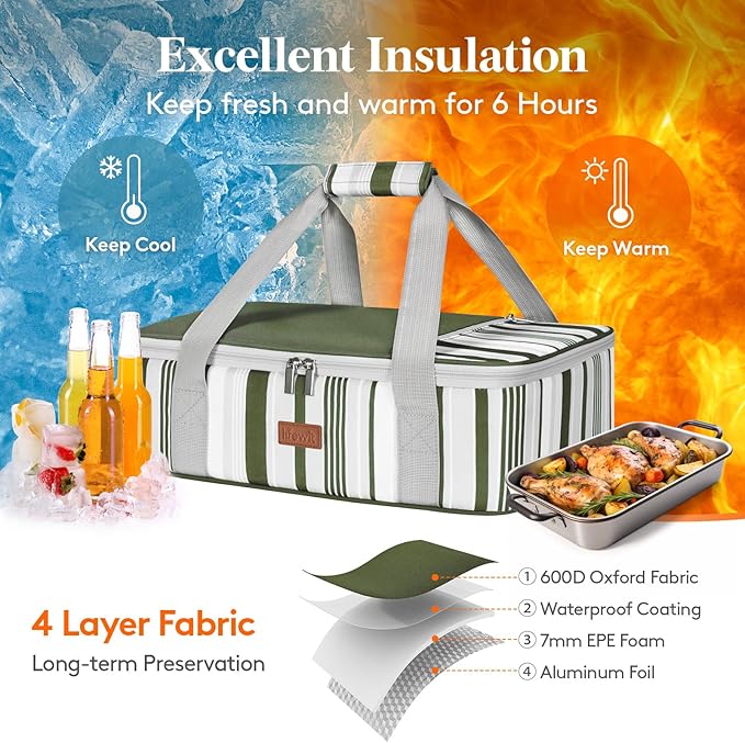 Lifewit Insulated Casserole Carrier for Hot or Cold Food, Casserole Dish with Lid and Carrying Case, Lasagna Holder for Potluck Parties/Picnic/Cookouts, Fits 9"x13" Baking Dish, Dark green