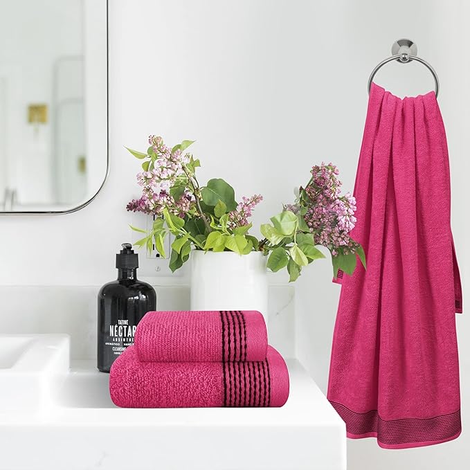Belizzi Home Ultra Soft 3 Pack Cotton Towel Set, Contains a Bath Towel 28x55 inch, a Hand Towel 16x24 inch & a Wash Coth 12x12 inch, Ideal Everyday use, Compact & Lightweight -Hot Pink