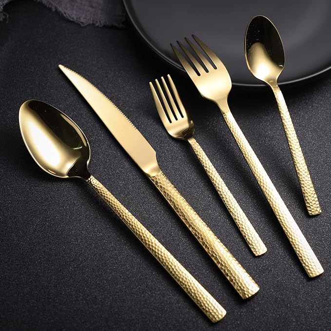 Silverware Set of 20 Stainless Steel Gold Flatware Set for 4 Kitchen Cutlery Sets Includes Forks Spoons Knives for Home Restaurant Hotel