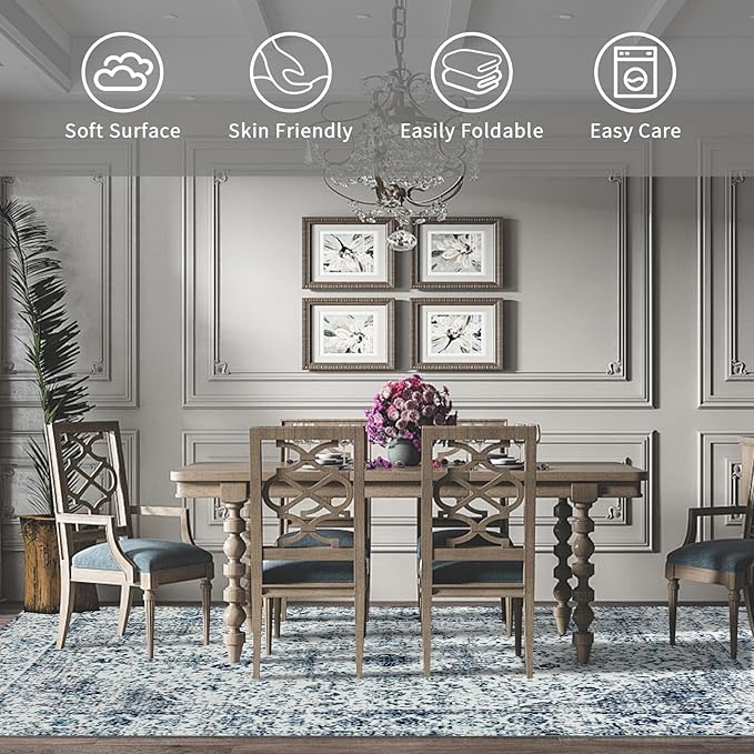 Easy-Going Large Area Rug 8x10 Washable Boho Rugs for Living Room Non-Slip Bedroom Rug Low Pile Lightweight Floral Print Vintage Throw Rug for Dining Room Kitchen Home Office Carpet, Blue Cream