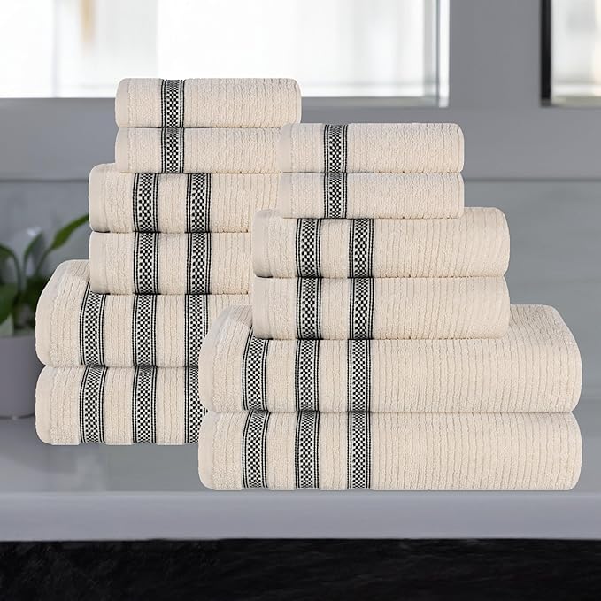 Superior Cotton 12-Piece Towel Set, Zero Twist, Ribbed Geometric, Bathroom Essentials, Shower, Spa, Luxury Plush Soft Absorbent Towels, Includes 4 Bath, 4 Hand, 4 Washcloth/Face Towels, Ivory