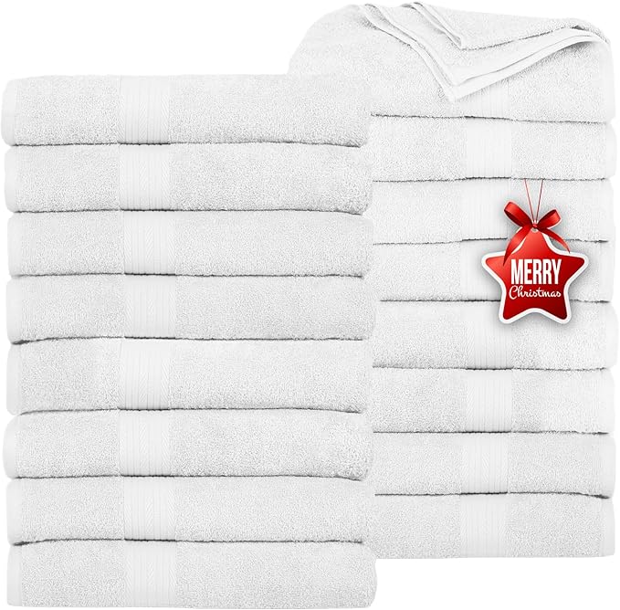 Ample Decor Bath Towels Pack of 16 600 GSM 100% Cotton, Absorbent Soft Premium Quality for Bathroom, Hotel, Spa, Gym, Kitchen - Christmas White - 30 X 54 Inch