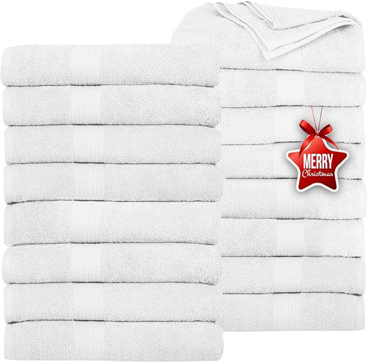 Ample Decor Bath Towels Pack of 16 600 GSM 100% Cotton, Absorbent Soft Premium Quality for Bathroom, Hotel, Spa, Gym, Kitchen - Christmas White - 30 X 54 Inch