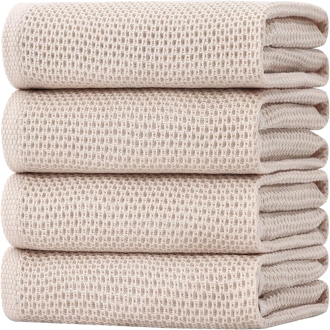 Homaxy 100% Cotton Oversized Waffle Weave Kitchen Dish Towels, Ultra Soft Absorbent Quick Drying Cleaning Towel, 20 x 28 Inches, 4-Pack, Beige