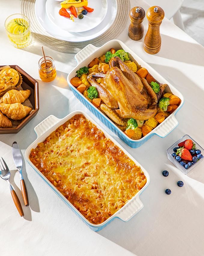 MALACASA 4.4 QT Baking Dish, 9x13 Large Casserole Dish for Oven, Ceramic Baking Pan, Rectangular Lasagna Pan Deep with Handles for Baking, Durable Microwave Oven Safe, Blue, Series BAKE-BAKE