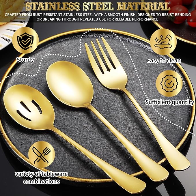 36-Piece Stainless Steel Serving Utensil Set – Complete Buffet Essentials with Spoons, Forks, Tongs, Ladle & More. Perfect for Wedding, Holiday, Catering, and Family Gatherings(Gold)