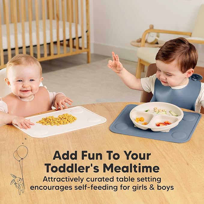 KeaBabies 2-Pack Silicone Placemats for Toddlers - 12x9 Non Slip Suction Baby Silicone Placemat for Kids Eating, Easy to Clean, Busy Travel Baby Mat for Dining Table, Food Grade/BPA-Free (Slate)