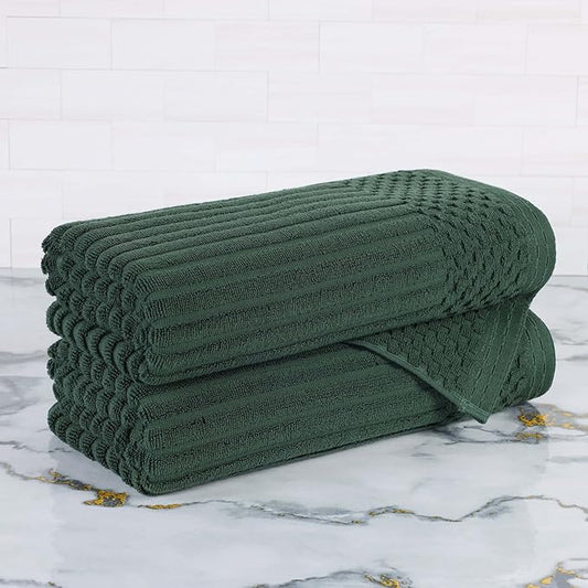 Superior Cotton Bath Towel Set of 2, Daily Use for Bathroom, Guest Bath, Quick Dry, Spa, Resort Towels, Ribbed, Absorbent, Home Essentials, 2-Piece Bath Towels, Soho Collection, Forest Green