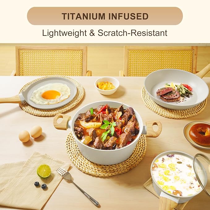 EWFEN 25 Pcs Pots and Pans Set, Nonstick Ceramic Cookware Sets, Healthy Non-Toxic, Large Capacity, Induction Compatible, Cooking Set with Frying Pans & Saucepans, PFAS/PTFE/PFOA Free, Cream White