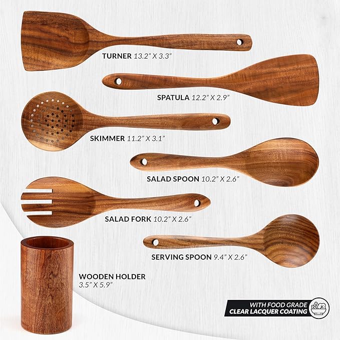 Zulay Kitchen 7-Piece Wooden Cooking Spoons Set – Heat-Resistant, Smooth Teak Utensils with Comfort Grip – Lightweight & Durable – Easy to Clean, Perfect for Non-Stick Cookware