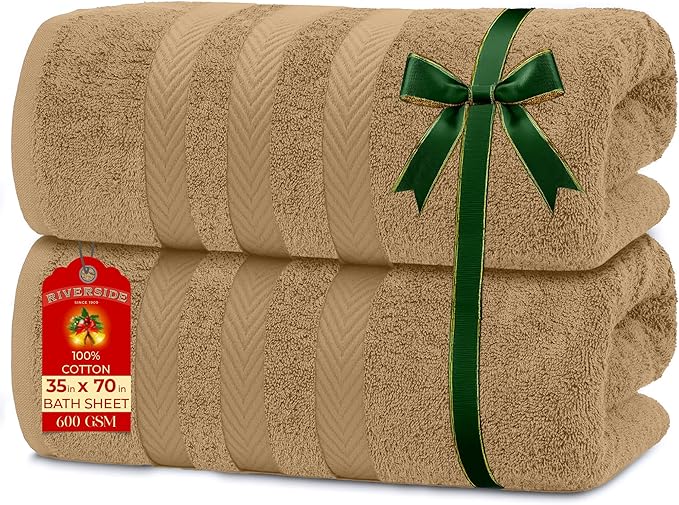 RIVERSIDE Pack of 2 Extra Large Bath Sheets 35 x 70 Inches - 100% Ring Spun Cotton Hotel Quality Oversized Bath Towels - Super Soft, Highly Absorbent & Quicker to Dry - Tan