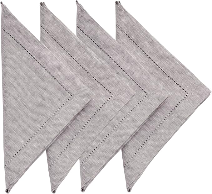 Solino Home Oyster Grey Linen Napkins Set of 4-100% Pure Linen Hemstitch Dinner Napkins 20 x 20 Inch for Holiday, New Year - Milan