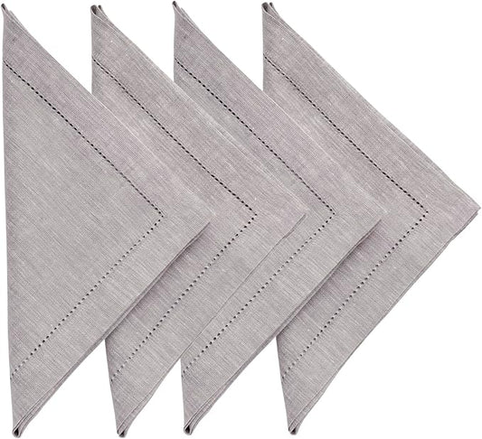 Solino Home Oyster Grey Linen Napkins Set of 4-100% Pure Linen Hemstitch Dinner Napkins 20 x 20 Inch for Holiday, New Year - Milan