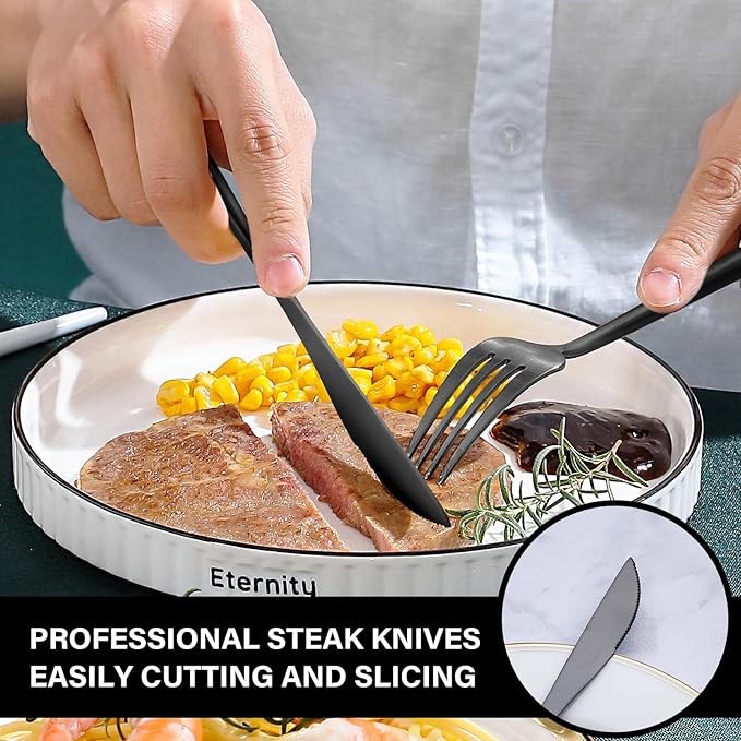 24 Pieces Matte Black Silverware Set with Steak Knife, Stainless Steel Flatware Set for 4, Satin Finish Spoons and Forks Silverware Set, Black Cutlery Utensils Set, Dishwasher Safe