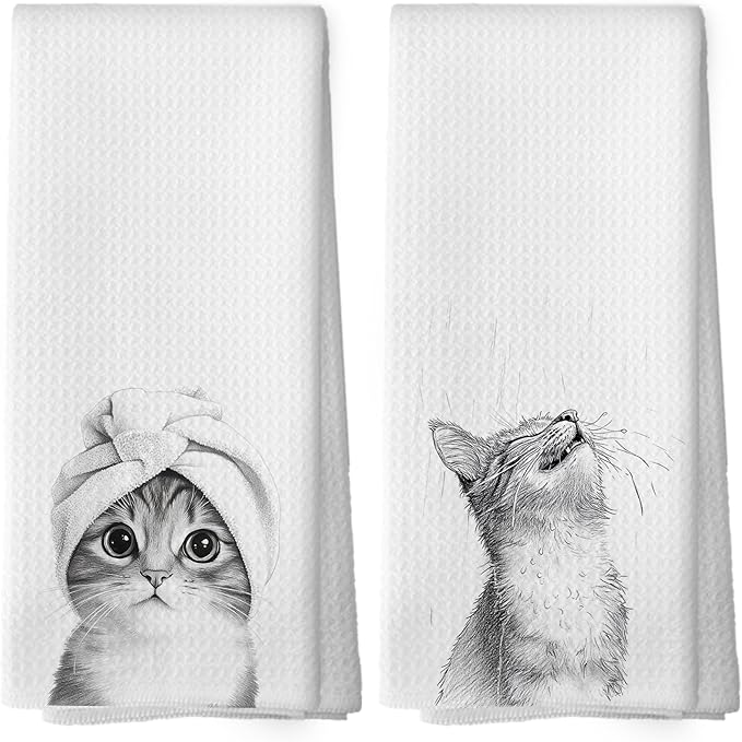 Funny Cat Bathroom Towels Set of 2, Cat Gifts for Women Cats Lovers Hand Towel, Bathroom Restroom Washroom Decorative Tea Towel Dish Towels 16x24 Inch