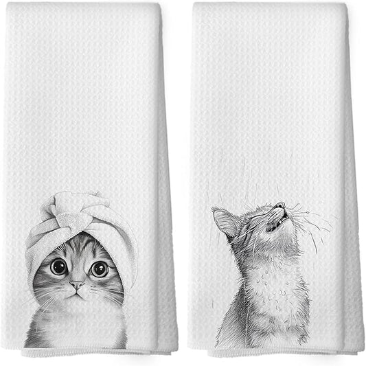 Funny Cat Bathroom Towels Set of 2, Cat Gifts for Women Cats Lovers Hand Towel, Bathroom Restroom Washroom Decorative Tea Towel Dish Towels 16x24 Inch