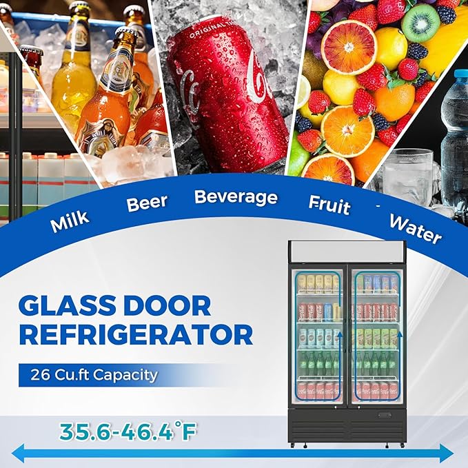 26 cu.ft Commercial Refrigerators with 2 Glass Door, Beverage Fridge with LED Light Display Upright Merchandiser, Drink Cooler with 8 Adjustable Shelves Black ETL Approved
