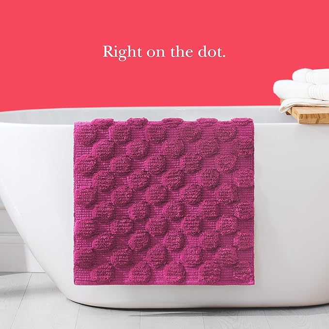 Kate Spade New York Dotted Woven Bath Rug, 21 in x 34 in, Absorbent Bath Mat, Slip Resistant, Made from 100% Cotton, Machine Washable, Fuchsia Red