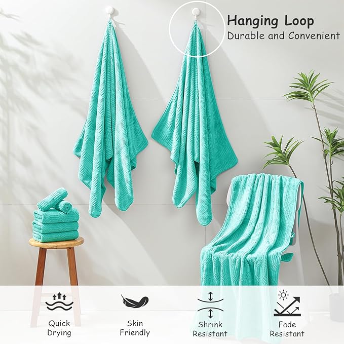 18 Pcs Blue Green Woven Family Towels Set-6 Bath Sheets,6 Hand Towels,6 Washcloths Soft Polyester Towels Absorbent Shower Towel Quick Dry Beach Chair Towel Lint Less Towels Set for Bathroom Spa Gym